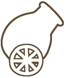 A white cartoon cannon with a wagon wheel and a brown outline.